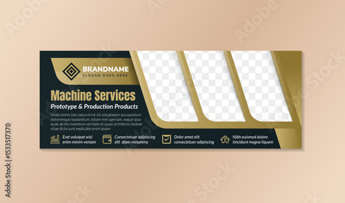 Mechanic service prototype and production machine product social media banner. horizontal layout background use dark blue colors. space for photo collage combined gold gradient on element and headline