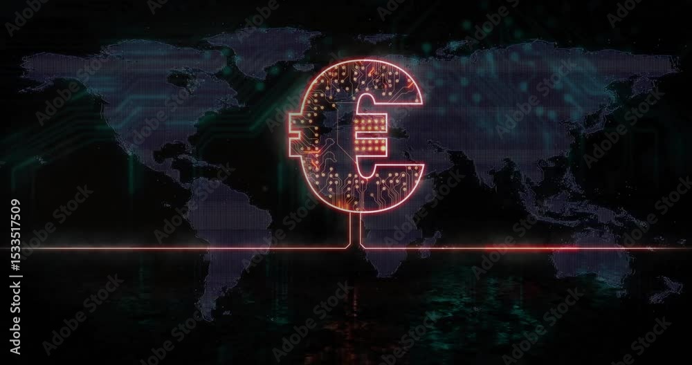 Map loading causing euro symbol fading red line tracing circuits cascading showing digital finance