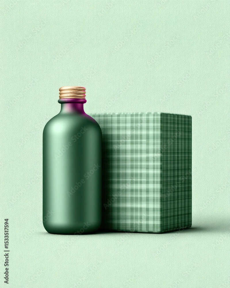 Obraz premium Green Bottle and Plaid Box Packaging Mockup