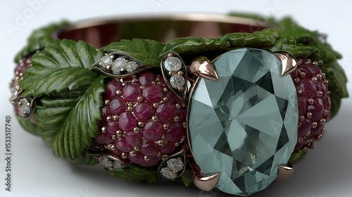 Exquisite Strawberry Ring with Aquamarine Gemstone and Diamond Accents Close-Up