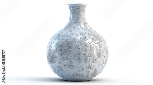 3D render of embossed vase with floral pattern on white background