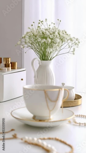 Wallpaper Mural Elegant white teacup with gold trim adorned with delicate jewelry and flowers in a bright, minimalistic setting. Torontodigital.ca