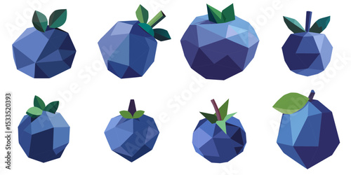 Multiple vector illustrations blueberry, low poly style

