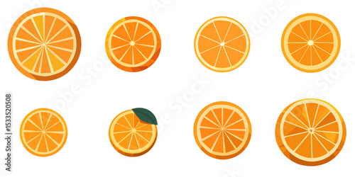 Multiple vector illustrations sliced mandarin orange, low poly style

