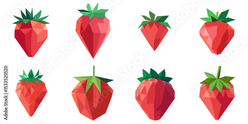 Multiple vector illustrations strawberry, low poly style


