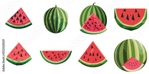 Multiple vector illustrations watermelon, low poly style

