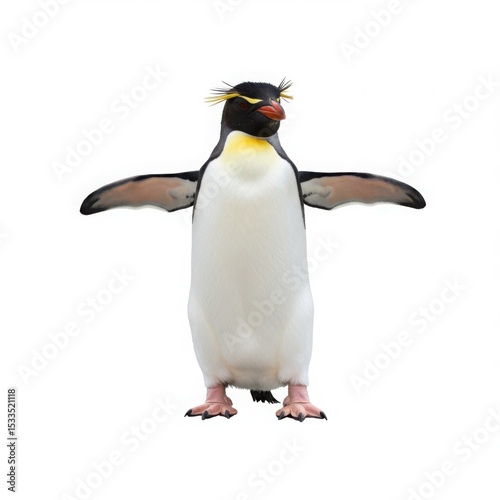 Rockhopper penguin isolated on white background, standing with open wings for educational or wildlife content.