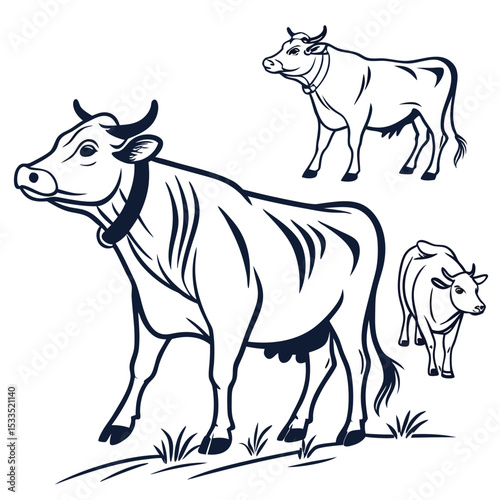 Elegant Outlines of Cows in Various Poses Line Art Illustration of Cattle in a Field