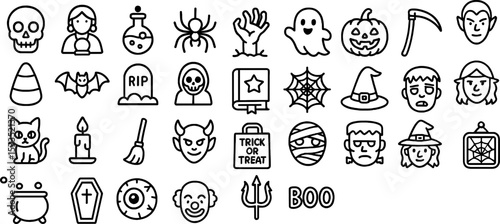Icons set of halloween outline lineal black simple