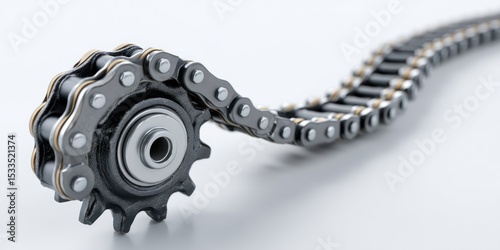 3D render of motorcycle chain and sprocket on white background