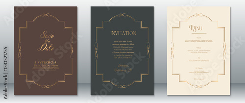 Stylish wedding card set featuring Save the Date, Invitation, and Menu layouts with graceful gold scroll borders. Presented in chocolate brown, deep green-gray, and cream tones.