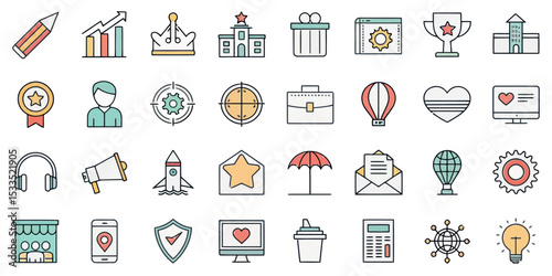 Branding Line Icon Set — Brand, Advertising, and Design Elements

