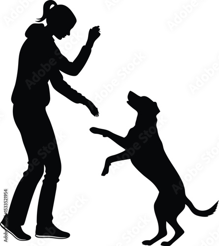 Silhouette vector illustration of a woman training a sitting dog