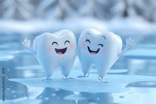 Two cheerful teeth characters in a snowy landscape.