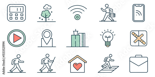 Digital Detox Line Icon Set — Unplug, No Phone, and Mental Wellness

