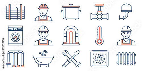 Heating and Plumbing Line Icon Set — Plumber, Pipework, and Home Systems

