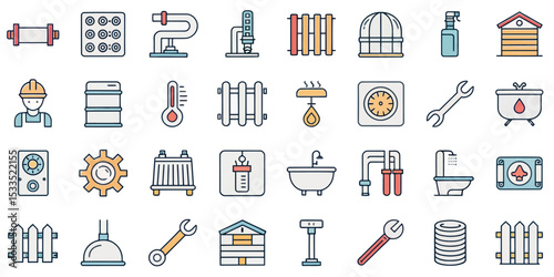Heating and Plumbing Line Icon Set — Plumber, Pipework, and Home Systems

