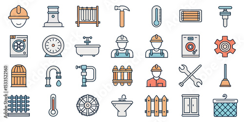 Heating and Plumbing Line Icon Set — Plumber, Pipework, and Home Systems

