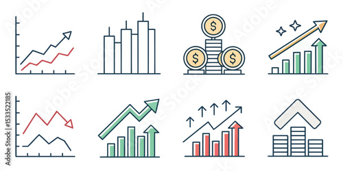 Increase and Decrease Line Icon Set — Profit, Statistics, and Trend Indicators

