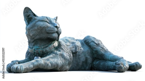 3D render of reclining cat statue decor on white background