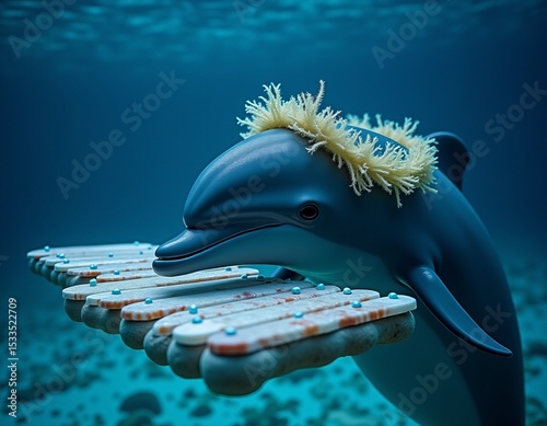 Playful Dolphin with Kelp Wreath Tapping Seashell Xylophones in Bioluminescent Ocean