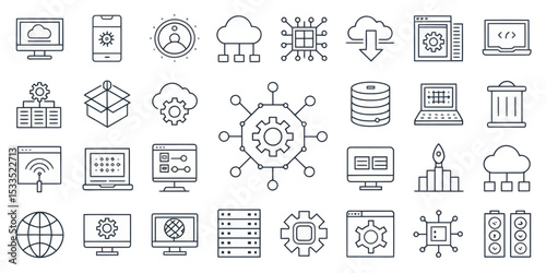 Monochrome Line Icon Set of Programming and Coding Concepts

