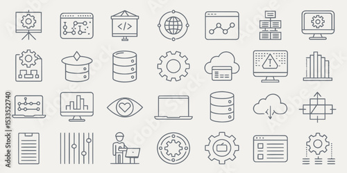 Monochrome Line Icon Set of Programming and Coding Concepts

