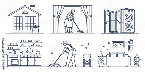 Monochrome Line Icon Set of Home Cleaning and Laundry Essentials

