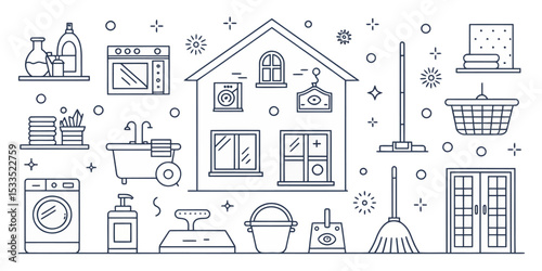 Monochrome Line Icon Set of Home Cleaning and Laundry Essentials


