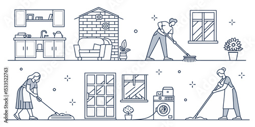 Monochrome Line Icon Set of Home Cleaning and Laundry Essentials

