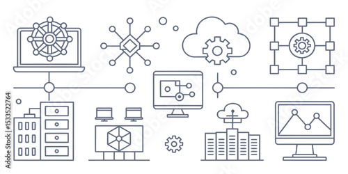 Monochrome Line Icon Set of Programming and Coding Concepts

