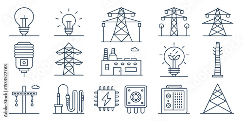 Monochrome Line Illustration of Energy Production and Power Infrastructure

