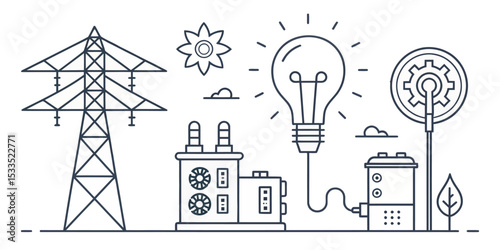 Monochrome Line Illustration of Energy Production and Power Infrastructure

