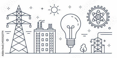 Monochrome Line Illustration of Energy Production and Power Infrastructure

