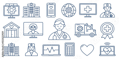 Monochrome Telemedicine Line Icon Set — Online Medical and Healthcare Services

