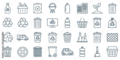 Monochrome Waste and Garbage Line Icon Set — Recycling and Disposal

