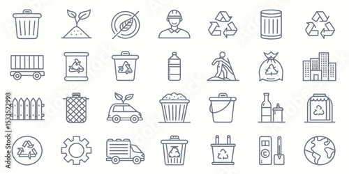 Monochrome Waste and Garbage Line Icon Set — Recycling and Disposal

