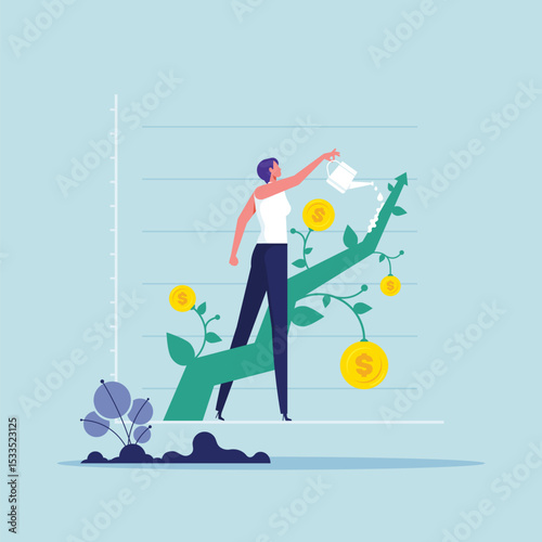 Investment growth or business grow up concept, businesswoman Investor watering green arrow with dollar coin
