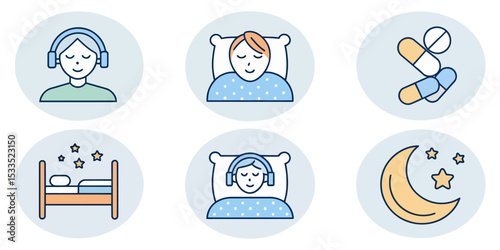Sleep Line Icon Set — Sleeping Person, Rest, and Nighttime Elements

