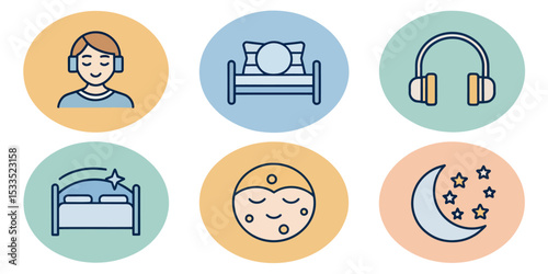 Sleep Line Icon Set — Sleeping Person, Rest, and Nighttime Elements

