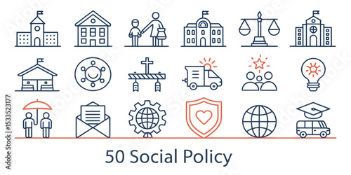 Social Policy Line Icon Set — Public Welfare and Community Support


