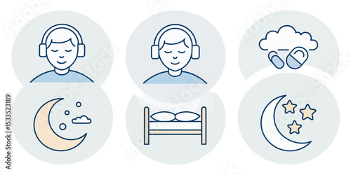 Sleep Line Icon Set — Sleeping Person, Rest, and Nighttime Elements

