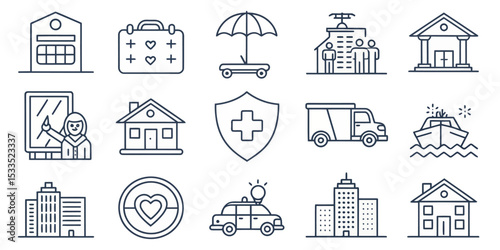 Monochrome Insurance Line Icon Set — Medical, Travel, and Property

