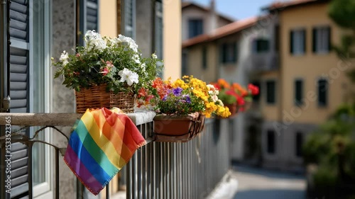 Colorful balcony flowers with pride flag