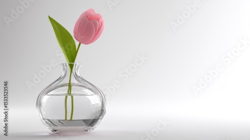 3D render of transparent glass vase with single tulip on white background