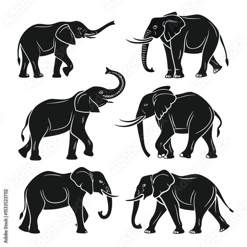 Silhouette Elephants Illustration Black and White Graphic Image Depicting Multiple Elephants in Various Poses, Showing Strength and Grace
