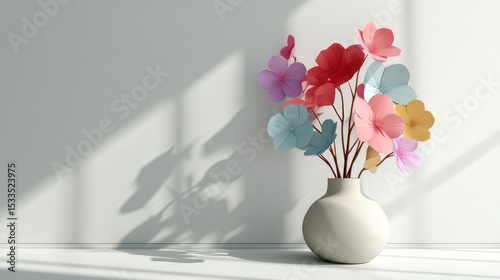 3D render of vase with paper flowers on white background