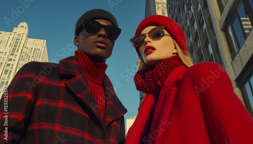 Stylish urban fashion portrait of a man and woman in red and black outerwear.