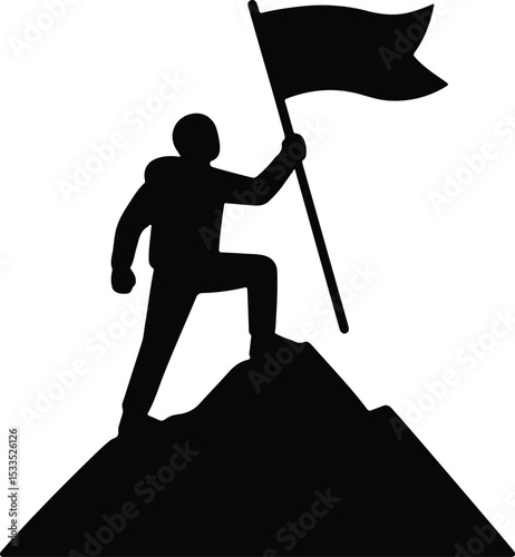 Silhouette mountain climber holding flag on summit vector illustration