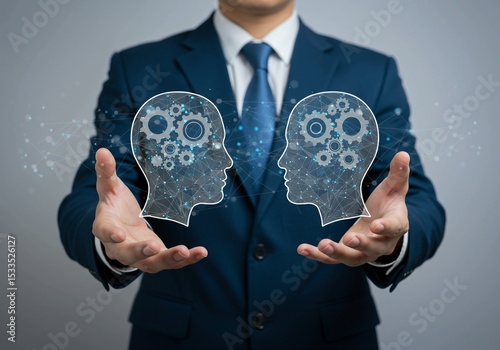 Businessman's hand integrates global social network gears, symbolizing innovative communication and teamwork success